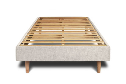 Lit 90x200 cm - Sommier à lattes H29 cm + tête de lit capitonnée - Tissu Toile natté Beige Clair