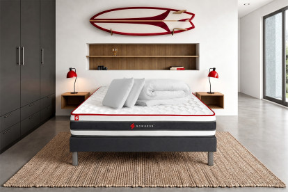 Pack lit complet 140x200 cm - Matelas + Sommier Noir (en kit) + 2 oreillers + Couette - Energy