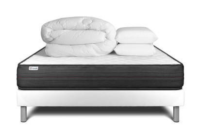 Pack lit complet 140x190 cm - Matelas + Sommier Blanc (en kit) + 2 oreillers + Couette - Vitalpower