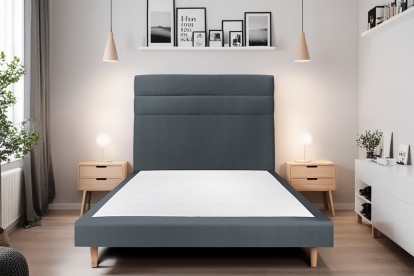 Lit 140x200 cm - Sommier tapissier H29 cm + tête de lit à lignes - Tissu Velours Gris Anthracite