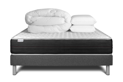 Pack lit complet 160x200 cm - Matelas + Sommier Gris (en kit) + 2 oreillers + Couette - Vitalmemo One