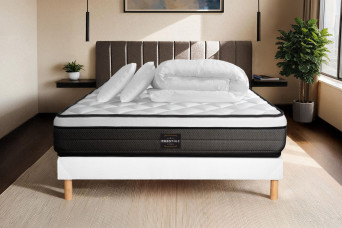 Pack lit complet 160x200 cm - Matelas + Sommier Blanc + 2 oreillers + Couette - Suite