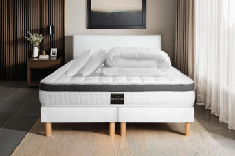Pack lit complet 160x200 cm - Matelas + 2 Sommiers Blancs + 2 oreillers + Couette - Supérieur