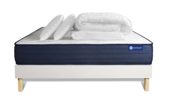 Pack lit complet 140x190 cm - Matelas + Sommier Blanc (en kit) + 2 oreillers + Couette - Actimemo Life