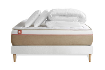 Pack lit complet 140x190 cm - Matelas + Sommier Blanc (en kit) + 2 oreillers + Couette - Le Soyeux