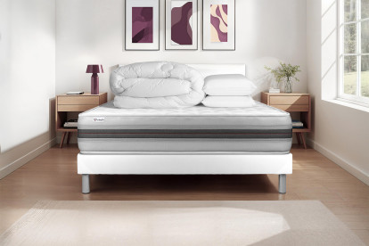 Pack lit complet 140x200 cm - Matelas + Sommier Blanc (en kit) + 2 oreillers + Couette - Vitalmemo Back