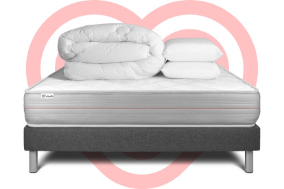Pack lit complet 140x190 cm - Matelas + Sommier Gris (en kit) + 2 oreillers + Couette - Vitalmemo