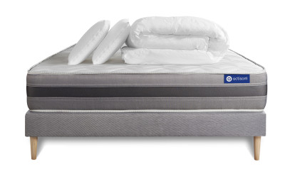 Pack lit complet 160x200 cm - Matelas + Sommier Gris (en kit) + 2 oreillers + Couette - Actimemo Relax
