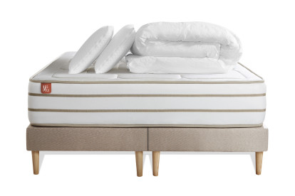Pack lit complet 160x200 cm - Matelas + 2 Sommiers Beiges + 2 oreillers + Couette - Le Douillet