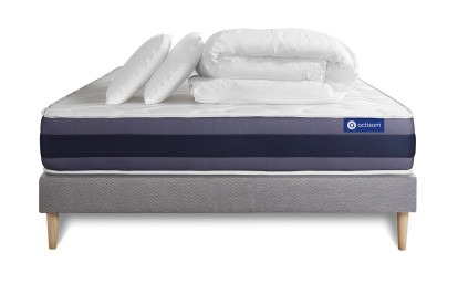 Pack lit complet 140x200 cm - Matelas + Sommier Gris (en kit) + 2 oreillers + Couette - Actiflex Morpho