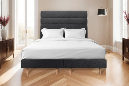 Lit 2x 80x200 cm - Sommier tapissier H29 cm + tête de lit à lignes - Tissu Toile natté Noir