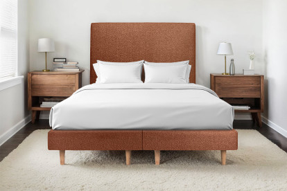 Lit 2x 100x200 cm - Sommier tapissier H29 cm + tête de lit tapissée - Tissu Bouclette Terracotta