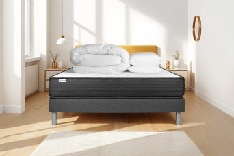 Pack lit complet 140x200 cm - Matelas + Sommier Gris (en kit) + 2 oreillers + Couette - Vitalpower