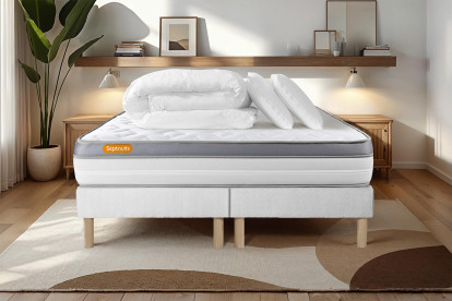 Pack lit complet 160x200 cm - Matelas + 2 Sommiers Blancs + 2 oreillers + Couette - Memo Zen