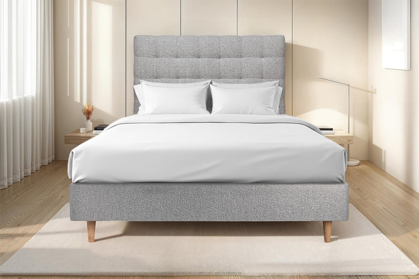 Lit 140x190 cm avec Tête de lit capitonnée - Tissu Bouclette
