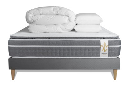 Pack lit complet 160x200 cm - Matelas + Sommier Gris (en kit) + 2 oreillers + Couette - Trente PLUS