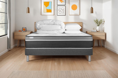 Pack lit complet 140x190 cm - Matelas + Sommier Gris (en kit) + 2 oreillers + Couette - Vital Care