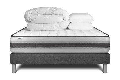 Pack lit complet 180x200 cm - Matelas + Sommier Gris (en kit) + 2 oreillers + Couette - Vitalpower Recover