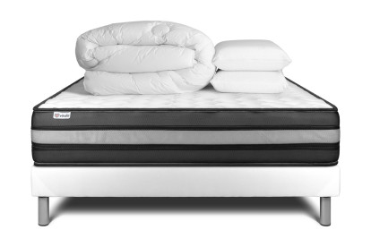 Pack lit complet 200x200 cm - Matelas + Sommier Blanc (en kit) + 2 oreillers + Couette - Vital Power Zen