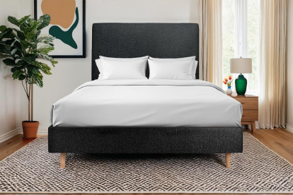 Lit 160x200 cm - Sommier tapissier H35 cm + tête de lit tapissée - Tissu Bouclette Noir