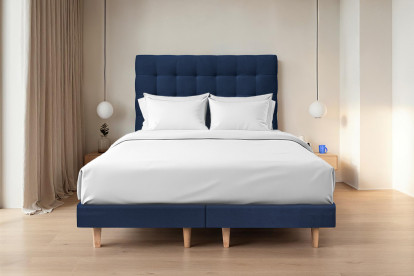 Lit 2x 80x200 cm - Sommier tapissier H29 cm + tête de lit capitonnée - Tissu Velours Bleu Océan