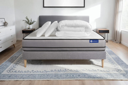 Pack lit complet 140x190 cm - Matelas + Sommier Gris (en kit) + 2 oreillers + Couette - Actiflex Night