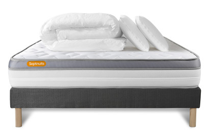 Pack lit complet 140x190 cm - Matelas + Sommier Gris + 2 oreillers + Couette - Memo Zen