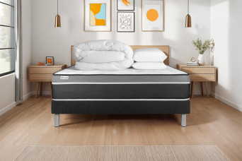 Pack lit complet 140x200 cm - Matelas + Sommier Noir (en kit) + 2 oreillers + Couette - Vital Care Pack lit complet 140x200 cm - Matelas + Sommier Noir (en kit) + 2 oreillers + Couette - Vital Care