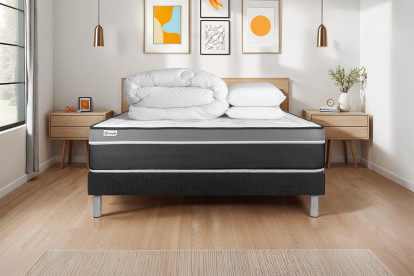 Pack lit complet 140x200 cm - Matelas + Sommier Noir (en kit) + 2 oreillers + Couette - Vital Care