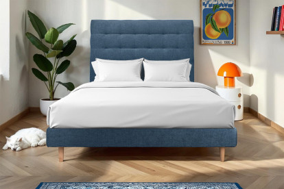 Lit 160x200 cm - Sommier à lattes H29 cm + tête de lit capitonnée - Tissu Toile natté Bleu Océan