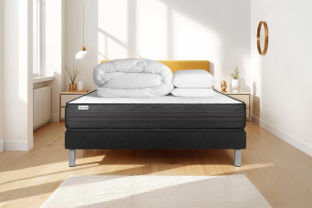 Pack lit complet 180x200 cm - Matelas + Sommier Noir (en kit) + 2 oreillers + Couette - Vitalpower