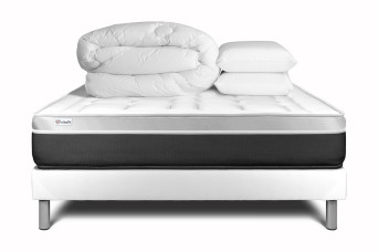 Pack lit complet 160x200 cm - Matelas + Sommier Blanc (en kit) + 2 oreillers + Couette - Vital Soft