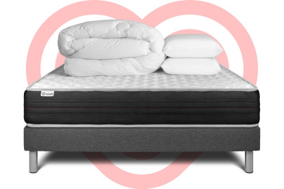 Pack lit complet 140x190 cm - Matelas + Sommier Gris (en kit) + 2 oreillers + Couette - Vitalmemo One