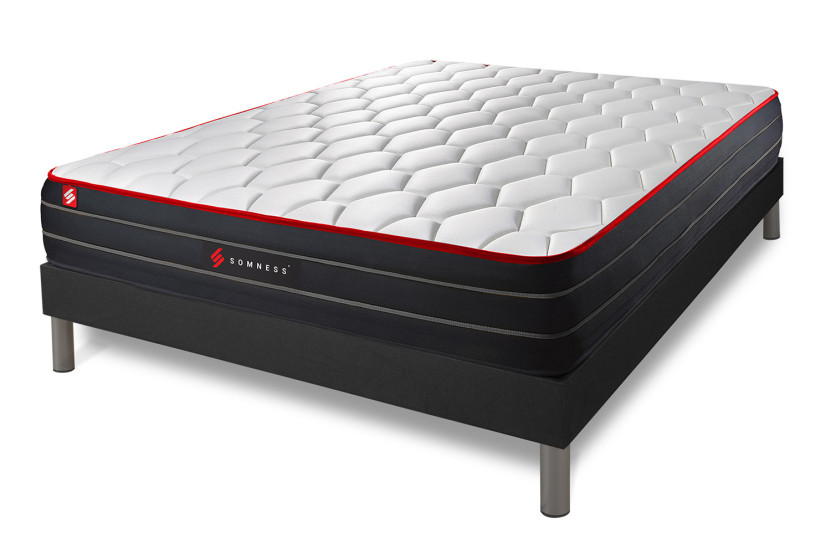 Pack lit complet 160x200 cm - Matelas + Sommier Noir + 2 oreillers + Couette - Boost