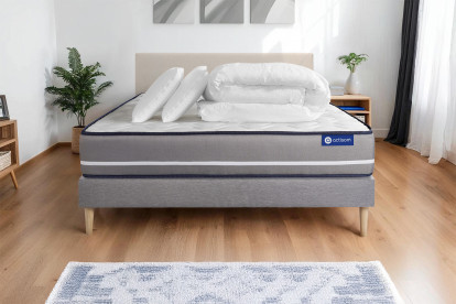 Pack lit complet 200x200 cm - Matelas + Sommier Gris (en kit) + 2 oreillers + Couette - Actimemo Pur
