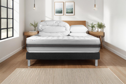 Pack lit complet 140x190 cm - Matelas + Sommier Noir (en kit) + 2 oreillers + Couette - Vitalspring Recover