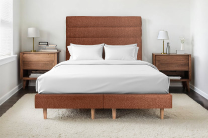 Lit 2x 80x200 cm - Sommier tapissier H29 cm + tête de lit à lignes - Tissu Bouclette Terracotta