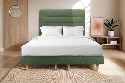 Lit 2x 80x200 cm - Sommier tapissier H29 cm + tête de lit à lignes - Tissu Toile natté Vert Kaki