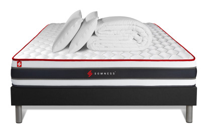 Pack lit complet 160x200 cm - Matelas + Sommier Noir (en kit) + 2 oreillers + Couette - Energy