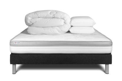 Pack lit complet 140x190 cm - Matelas + Sommier Noir (en kit) + 2 oreillers + Couette - Vital Relax