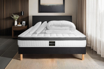 Pack lit complet 140x190 cm - Matelas + Sommier Noir + 2 oreillers + Couette - Supérieur