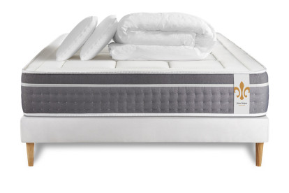 Pack lit complet 180x200 cm - Matelas + Sommier Blanc (en kit) + 2 oreillers + Couette - Trente