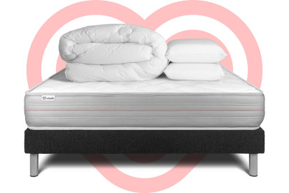 Pack lit complet 200x200 cm - Matelas + Sommier Noir (en kit) + 2 oreillers + Couette - Vitalmemo