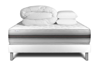 Pack lit complet 160x200 cm - Matelas + Sommier Blanc (en kit) + 2 oreillers + Couette - Vitalmemo Back