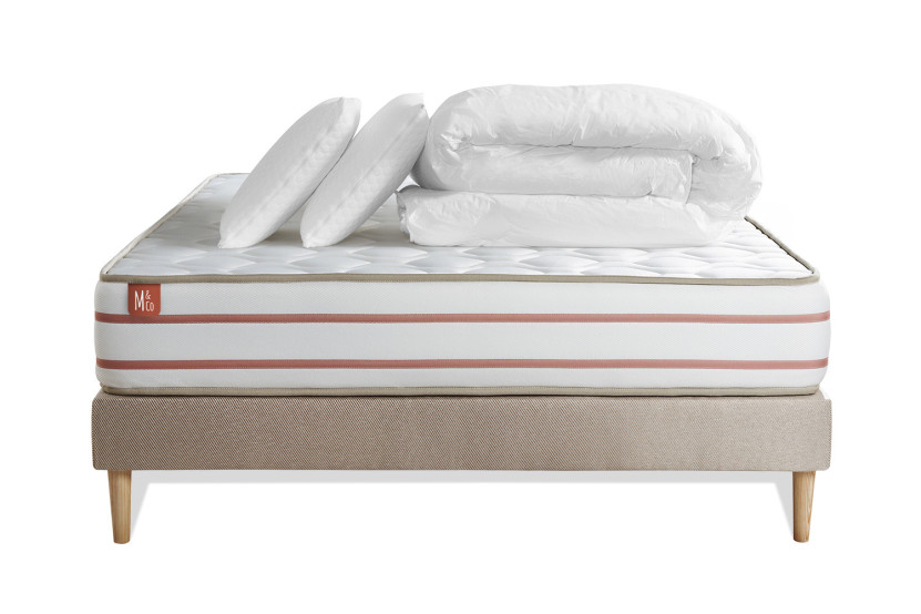Pack lit complet 140x200 cm - Matelas + Sommier Beige + 2 oreillers + Couette - Le Doux