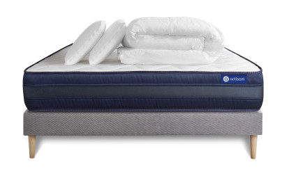 Pack lit complet 160x200 cm - Matelas + Sommier Gris (en kit) + 2 oreillers + Couette - Actimemo Tech