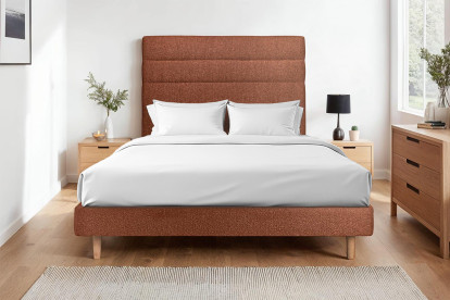 Lit 180x200 cm - Sommier à lattes H29 cm + tête de lit à lignes - Tissu Bouclette Terracotta