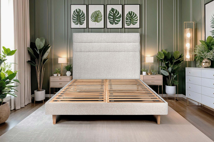 Lit 160x200 cm avec Tête de lit à lignes - Tissu Bouclette