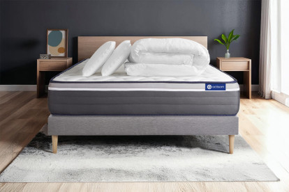 Pack lit complet 140x190 cm - Matelas + Sommier Gris (en kit) + 2 oreillers + Couette - ActiMemo Plus