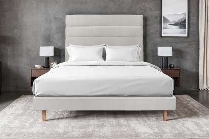 Lit 135x190 cm - Sommier tapissier H29 cm + tête de lit à lignes - Tissu Velours Gris Clair
